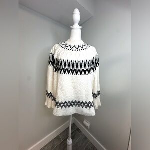 J JILL Fair Isle Cotton Blend Womens Knit Alpine Cable Crewneck  Sweater Sz LP